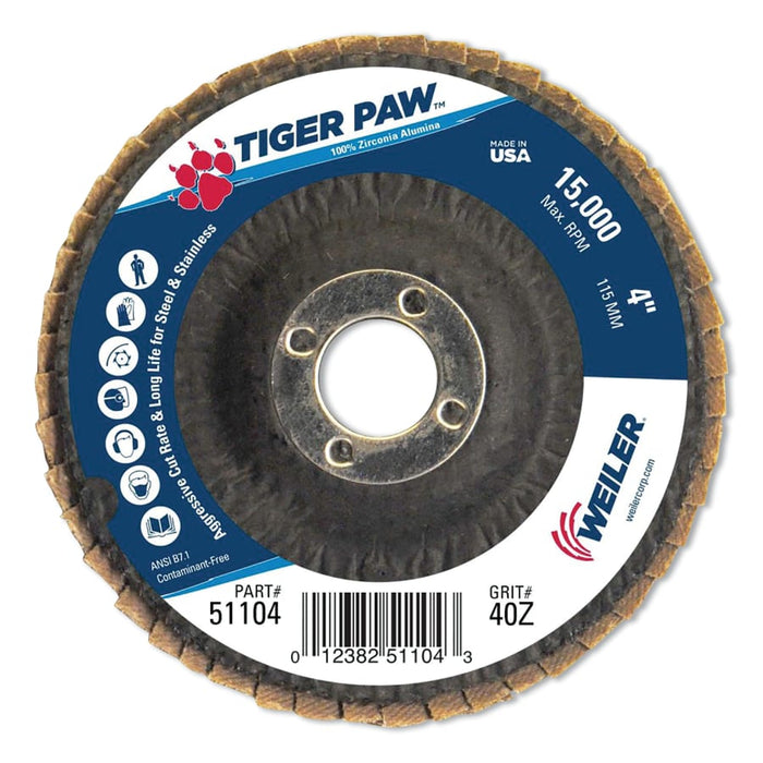Weiler Tiger Paw TY29 Coated Abrasive Flap Disc, 4", 5/8 Arbor, 15,000 rpm