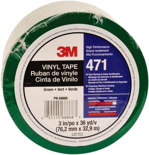 Floor & Aisle Marking Tape: 3" Wide, 108' Long, 5.2 mil Thick, Vinyl