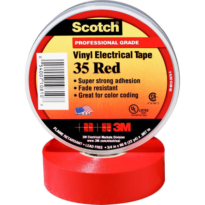 Electrical Tape: 1/2" Wide, 20' Long, 7 mil Thick, Red