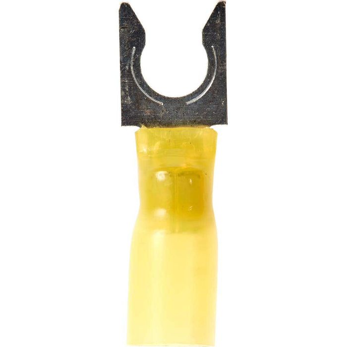 Locking Fork Terminal: Yellow, Partially Insulated, #1/4" Stud, Crimp