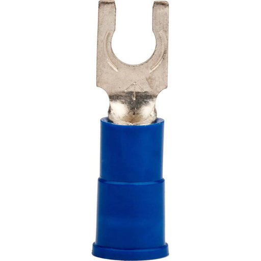 Locking Fork Terminal: Blue, Vinyl, Partially Insulated, #8 Stud, Crimp