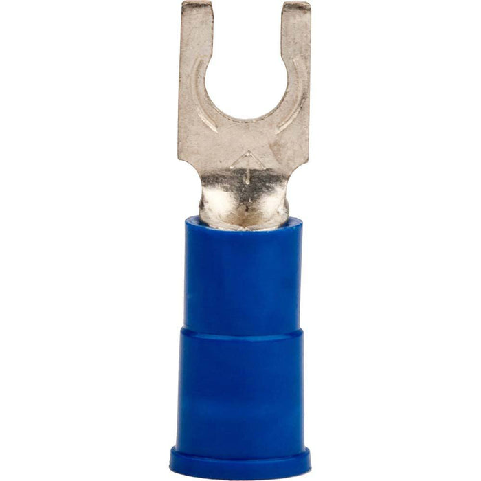 Locking Fork Terminal: Blue, Vinyl, Partially Insulated, #6 Stud, Crimp