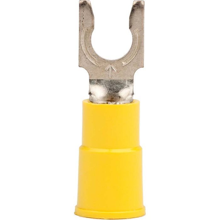 Locking Fork Terminal: Yellow, Vinyl, Partially Insulated, #10 Stud, Crimp