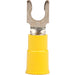 Locking Fork Terminal: Yellow, Vinyl, Partially Insulated, #10 Stud, Crimp